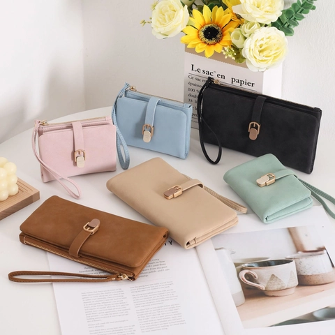 Cartera Larga de Cuero PU para Mujer Mate Color Sólido Bolso de Mano Con Correa de Muñeca Multi Ranuras para Tarjetas Bolso de Moda