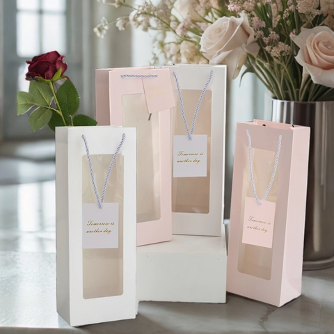 Minimalist Solid Color Gift Bag With Transparent Window Paper Handbag For Wine Flower Gift Wrapping Valentine Birthday Wedding Party
