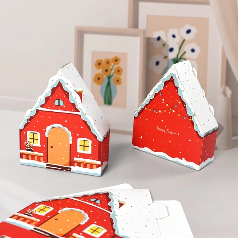 Weihnachten Haus Geformte Karton Geschenkbox Rot Schneeflocke Lebkuchenhaus Süßigkeiten Box Für Xmas Party Geschenkverpackung