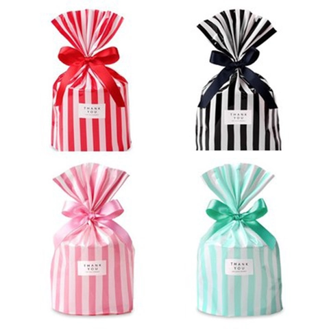 Sacchetto Regalo in Plastica PP a Righe Stile Coreano Fiocco di Nastro Etichetta Thank You Caramelle Biscotti Panetteria Festa Matrimonio