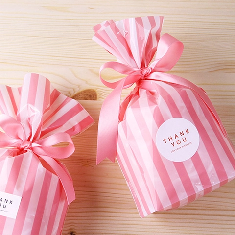 Korean Style Striped Plastic Gift Bags With Ribbons And Thank You Stickers For Bakery Cookies Candy Wedding Party Bags