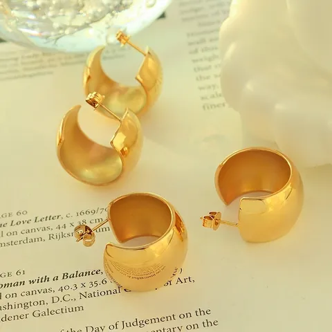 Pendientes De Aro Gruesos Geométricos En Forma De C De Acero De Titanio Chapado En Oro De 18K Joyas De Moda Retro Mujer