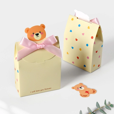 Scatole Regalo Pieghevoli Quadrate a Forma di Orso Cartone Animato Coreano Con Fiocco in Raso per Baby Shower Gender Reveal Bomboniere Confezione Caramelle