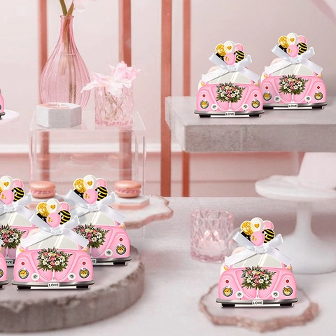 Pink Beetle Car Shaped Wedding Candy Boxes Cardboard Gift Box With Ribbon And Balloon Card Decoration For Party Favor