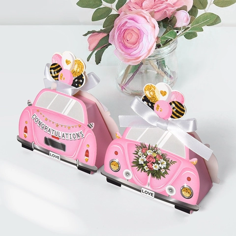 Pink Beetle Car Shaped Wedding Candy Boxes Cardboard Gift Box With Ribbon And Balloon Card Decoration For Party Favor