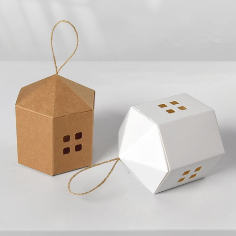 House Shaped Gift Boxes With Hemp Rope White Kraft Paper Hollow Window DIY Candy Packaging Boxes For Wedding Party Christmas
