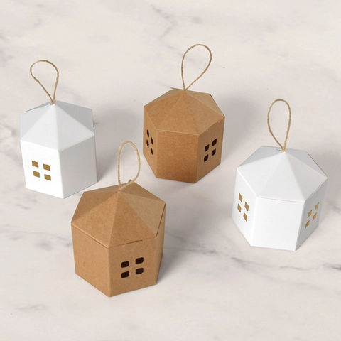 House Shaped Gift Boxes With Hemp Rope White Kraft Paper Hollow Window DIY Candy Packaging Boxes For Wedding Party Christmas