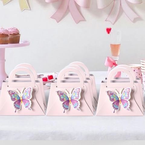 Boîte Cadeau Style Sac à Main Rose Moderne Avec Décoration Papillon 3D Carton Blanc Pliable Boîte à Bonbons Pour Mariage Fête