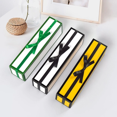 Minimalist Long Cardboard Gift Boxes With Ribbon Bow Foldable Chocolate Packaging Boxes For Valentine Day Wedding Party Favors