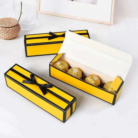 Minimalist Long Cardboard Gift Boxes With Ribbon Bow Foldable Chocolate Packaging Boxes For Valentine Day Wedding Party Favors