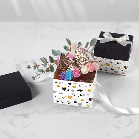 Simple Black White Square Gift Box With White Satin Ribbon Bow And Gold Glitter Heart Pattern For Wedding Birthday Party Favors Packaging