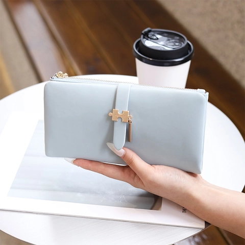 Women Long Wallet PU Leather Zipper Clutch Purse With Puzzle Charm Card Slots Solid Color Minimalist Elegant Organizer