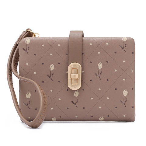 Portefeuille Court Femmes Cuir PU Imprimé Tulipe Boucle Dorée Serrure Rotative Poche Zippée Dragonne Petit Porte-Monnaie