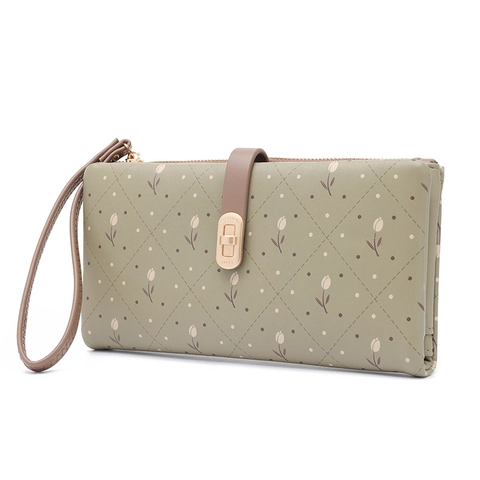 Damen Lange Geldbörse PU Leder Tulpen Blumendruck Große Kapazität Handy Clutch Mit Handschlaufe Metallschloss Einfach Elegant