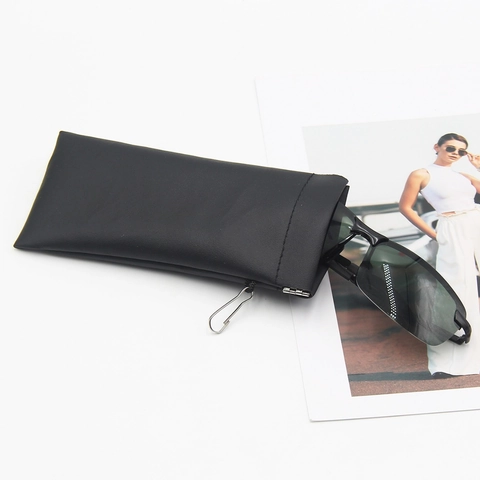 Portable PU Leather Sunglasses Case Soft Eyewear Storage Pouch With Metal Hook Self-Closing Shrapnel Design