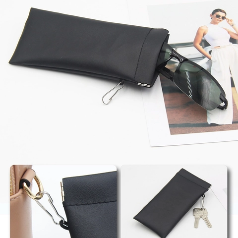 Portable PU Leather Sunglasses Case Soft Eyewear Storage Pouch With Metal Hook Self-Closing Shrapnel Design