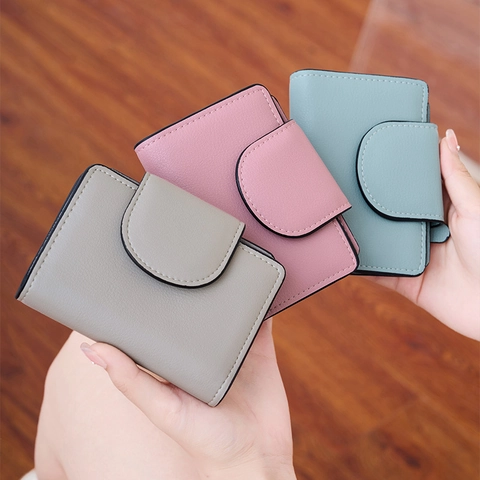 Mini Cartera de Triple Pliegue para Mujer Cuero de PU Grano de Lichi Color Sólido Puntadas Cierre de Presión Tarjetero