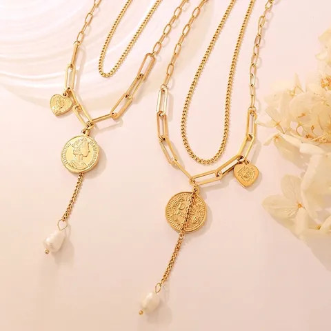 Double Layered Necklace Titanium Steel 18K Gold Plated Freshwater Pearl Portrait Coin Heart Pendant Retro Vintage Women