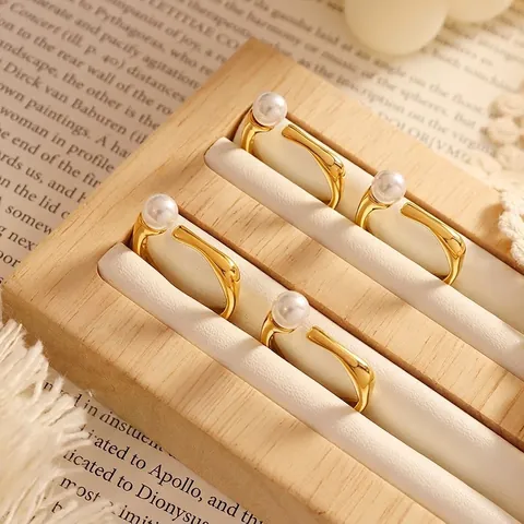 Elegant Imitation Artificial Pearl Open Ring For Women Titanium Steel 18K Gold Plated Adjustable French Vintage Minimalist Jewelry