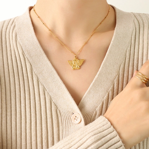 Angel Pendant Necklace Titanium Steel 18K Gold Plated Satellite Chain Beaded Retro Style Women Elegant Accessory