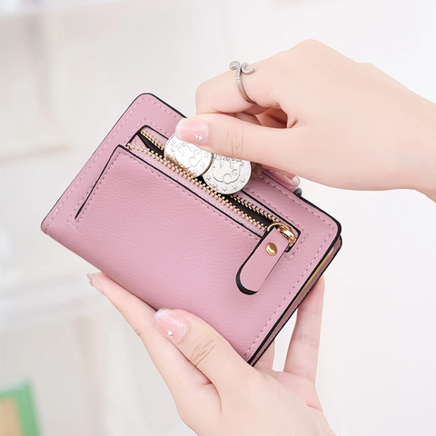 Mini Cartera de Triple Pliegue para Mujer Cuero de PU Grano de Lichi Color Sólido Puntadas Cierre de Presión Tarjetero