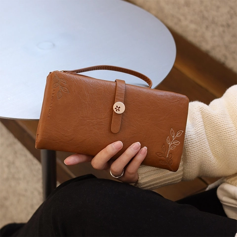 Women Long Wallet Synthetic Leather Floral Buckle Leaf Embossed Multi Card Slots Clutch Bag Large Capacity Wristlet Strap