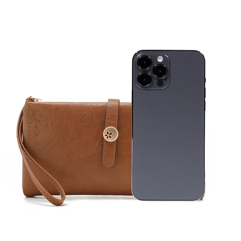 Women Long Wallet Synthetic Leather Floral Buckle Leaf Embossed Multi Card Slots Clutch Bag Large Capacity Wristlet Strap