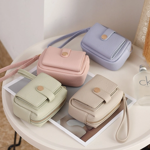 Women Small Coin Purse PU Leather Litchi Grain Wrist Strap Zipper Buckle Multi Card Slots Mini Wallet Solid Color