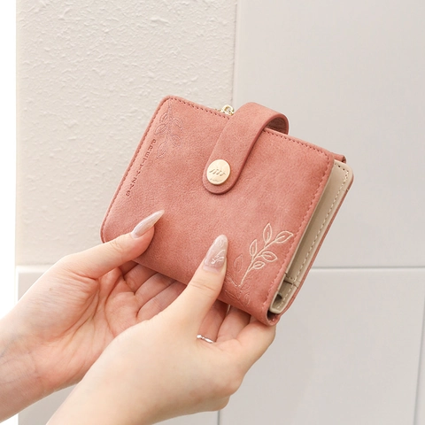 Damen Mini Matt PU Leder Loseblatt Notizbuch Geldbörse Blatt Stickerei Faltbar Multi Kartenfächer Reißverschlusstasche Retro