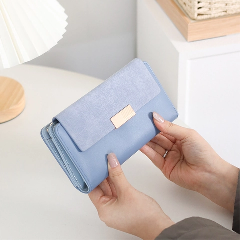Portafoglio Lungo da Donna in Pelle PU Satinata Retrò Grande Capacità Slot Multi Carta Design Patchwork Borsa Clutch a Tre Piege