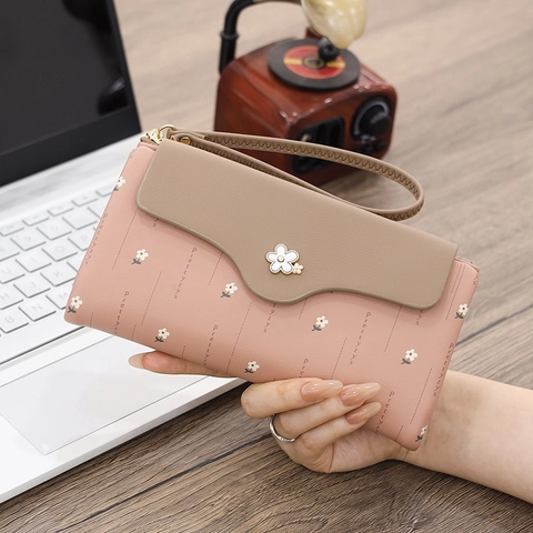 Portafoglio Lungo da Donna in Pelle PU Stampa Floreale Fibbia a Fiore Multifunzionale Grande Capacità Pochette Con Cinturino Moda Quotidiano