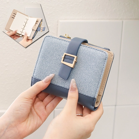 Portafoglio Piccolo da Donna Manuale Raccoglitore Taccuino Giunzione Pelle PU Tessuto Tasca con Cerniera Fibbia in Metallo Portacarte Moda