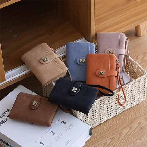 Cartera Corta Retro De Cuero PU Mate Para Mujer Vintage Color Sólido Multiusos Plegable Con Muñequera Y Bolsillo Con Cremallera