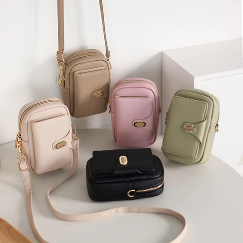Sac Bandoulière Téléphone Portable Simili Cuir Grainé Double Fermeture Éclair Boucle Ovale Sangle Réglable Petit Messenger Femmes