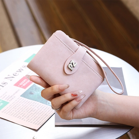Women's Small Tri-fold Wallet Frosted PU Leather Coin Purse With Wrist Strap Multi Card Slots Retro Mini Folding Cash Card Holder