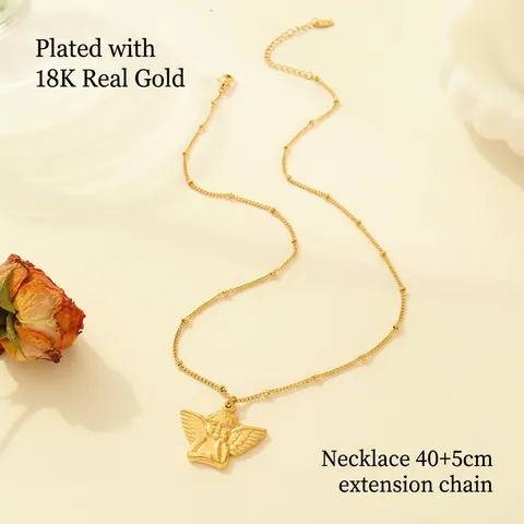 Angel Pendant Necklace Titanium Steel 18K Gold Plated Satellite Chain Beaded Retro Style Women Elegant Accessory