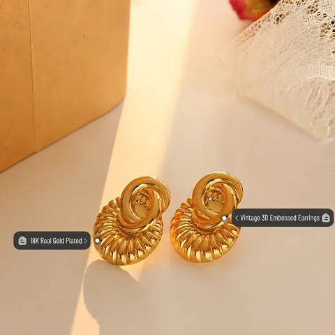 Pendientes Vintage Relieve 3D Acero Inoxidable Chapado En Oro 18K Textura Nervada Espiral Diseño De Nicho Estilo Francés Retro