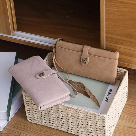 Cartera Larga Para Mujer Cuero PU Mate Retro Color Sólido Gran Capacidad Con Correa De Muñeca Bolso De Mano