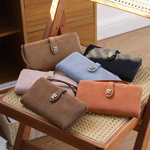 Women Long Wallet Frosted PU Leather Large Capacity Card Holder Phone Clutch With Wristlet Strap Solid Color Retro Buckle