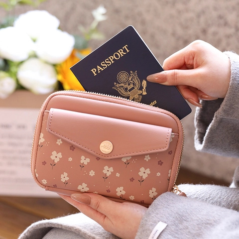 Portafoglio Porta Passaporto Donna Pelle PU Stampa Floreale Pochette Con Cinturino Da Polso Multifunzionale