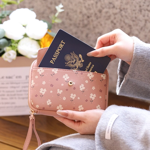 Women Wristlet Wallet PU Leather Floral Print Passport Holder Large Capacity Zip Around Coin Purse Handbag Sweet Style