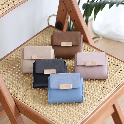 Women Short Wallet PU Leather Patchwork Folding Multi Card Slots Zipper Coin Pocket Metal Buckle Simple Elegant Ladies Purse