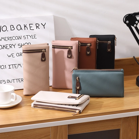 Portafoglio Lungo Donna Pelle PU Grana Litchi Cerniera Farfalla Porta Carte Multifunzionale Pochette Lavoro Elegante