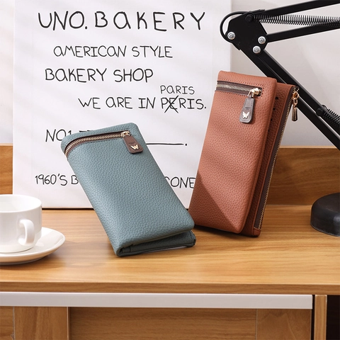 Portafoglio Lungo Donna Pelle PU Grana Litchi Cerniera Farfalla Porta Carte Multifunzionale Pochette Lavoro Elegante