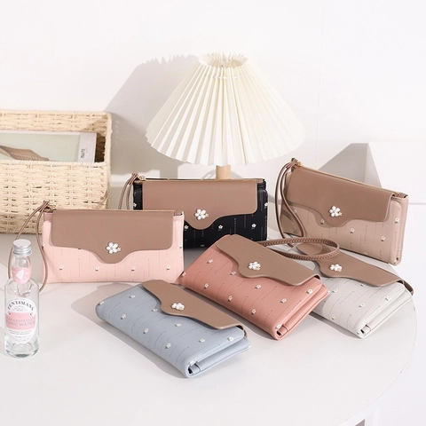 Portefeuille Long Imprimé Fleuri pour Femme Style Coréen Pochette Marguerite avec Dragonne Grande Capacité en Cuir PU