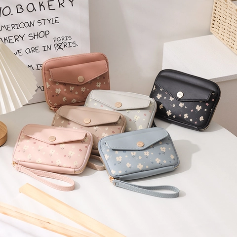 Portafoglio Porta Passaporto Donna Pelle PU Stampa Floreale Pochette Con Cinturino Da Polso Multifunzionale