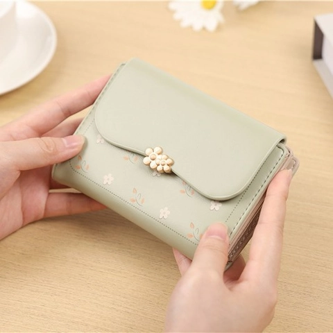 Women Short Wallet PU Leather Floral Print Flower Metal Buckle Multi Functional Small Purse For Daily Use Sweet Style