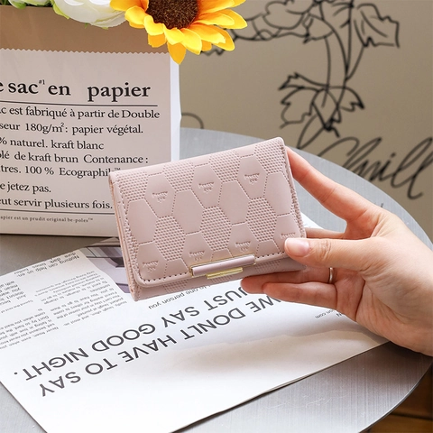 Cartera Corta Mujer Cuero PU Textura Panal Múltiples Ranuras Tarjetas Plegable Mini Monedero Moda Elegante