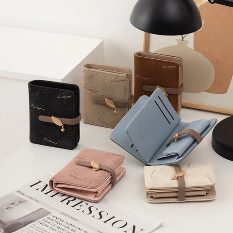 Damen Süß Mini Blatt Verschluss Kurze Brieftasche PU-Leder 3-fach Kompakt Geldbeutel Kartenhalter Münztasche Für Damen Alltag Reise Geschenk