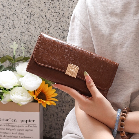Damen Minimalistisch Lang Geldbörse PU Leder Dreifach Gefaltet Metal Verschluß Elegant Clutch Handtasche Kartenhalter